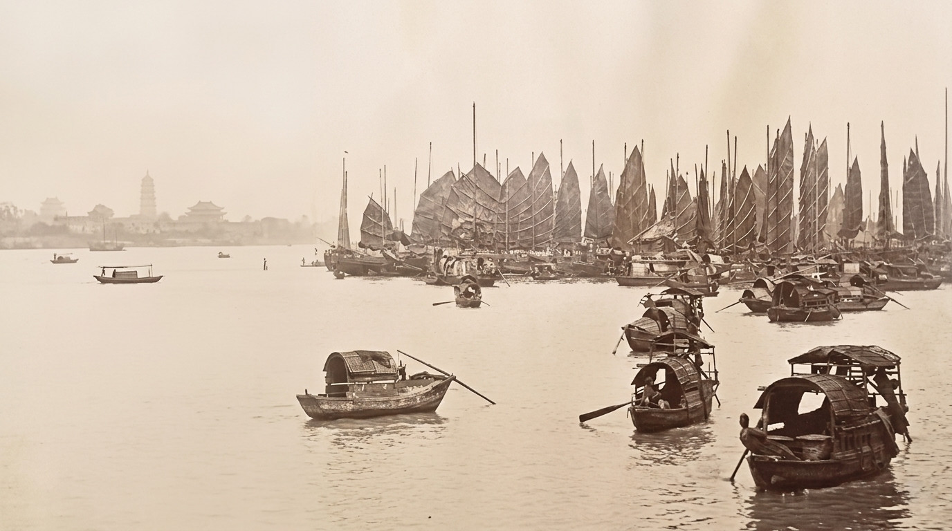 Historische Aufnahme einer Dschunkenflotte im Hafen